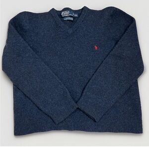Polo Ralph Lauren Sweater  XXL Navy Blue Wool Red Pony Pullover Cropped Warm EUC